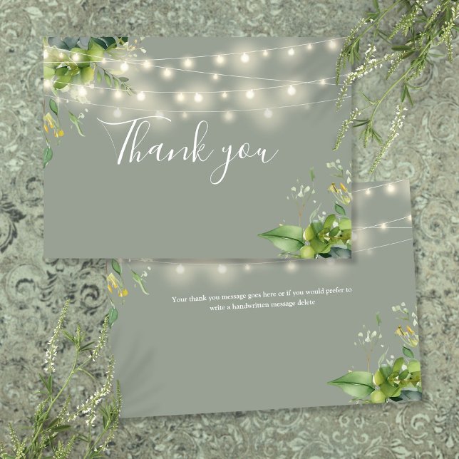 Cartão De Agradecimento Luzes de Corda Floral Verde Sálvia (Sage Greenery Floral String Lights Thank You Card)