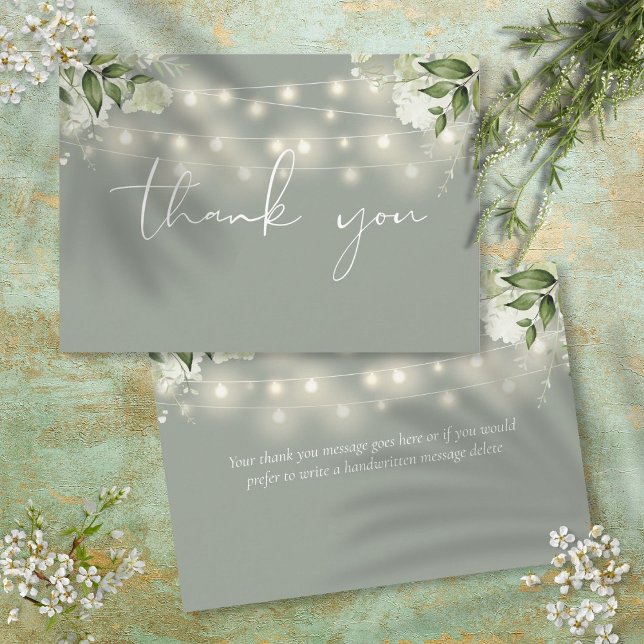 Cartão De Agradecimento Luzes de cordas verdes e verdes (Sage Green Floral Greenery String Lights Thank You Card)
