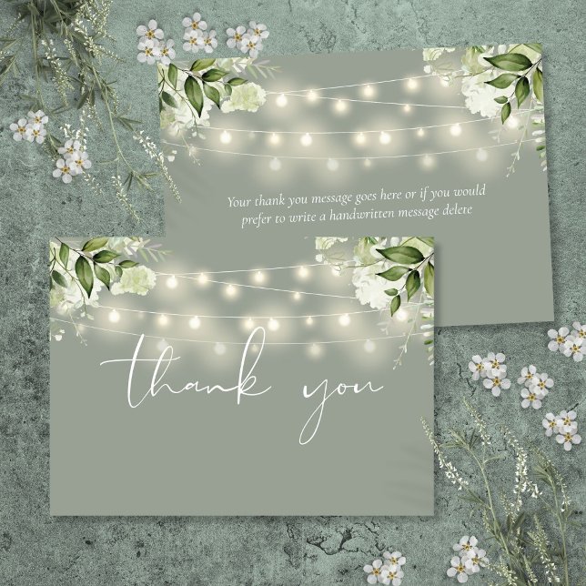 Cartão De Agradecimento Luzes de cordas verdes e verdes (Sage Green Floral Greenery String Lights Thank You Card)
