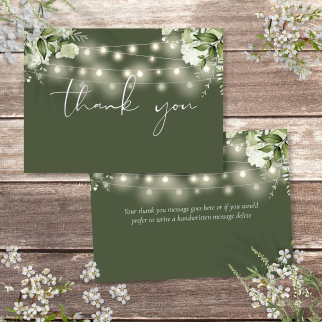 Cartão De Agradecimento Luzes de Cordas Verdes Florais De Azeite (Olive Green Floral Greenery String Lights Thank You Card)