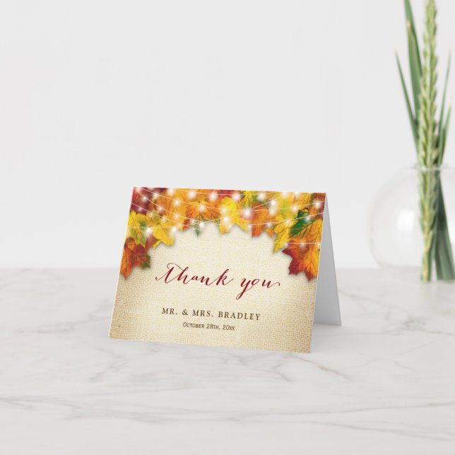 Cartão De Agradecimento Luzes de Natal de Folhas de Outono Rústicas em Tec (Frente)