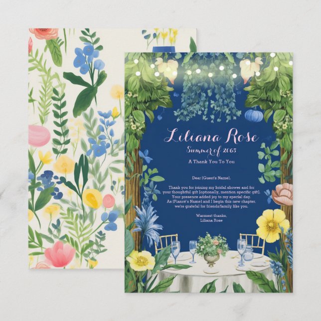 Cartão De Agradecimento Luzes Piscando Jardim Floral Azul Chá de Noiva (Frente/Verso)