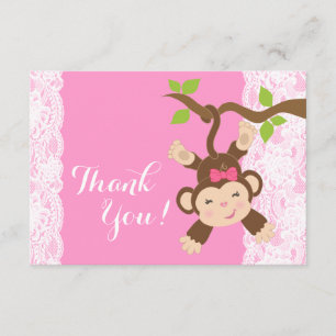 Cartão De Agradecimento Macaco de Renda Rosa Bebê Menina Obrigada