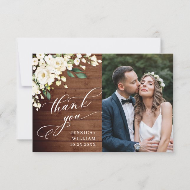 Cartão De Agradecimento Madeira e Rosas Brancas Foto Floral Lanterna (Frente)