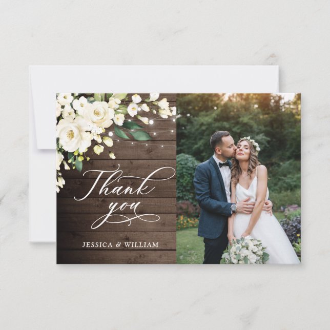 Cartão De Agradecimento Madeira e Rosas Brancas Foto Floral Lanterna (Frente)