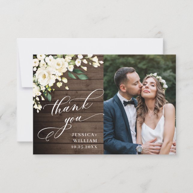 Cartão De Agradecimento Madeira e Rosas Brancas Foto Floral Lanterna (Frente)