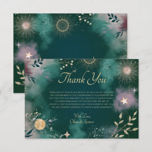 Cartão De Agradecimento Magia Celestial Lua e Estrelas Casamento Esmeralda