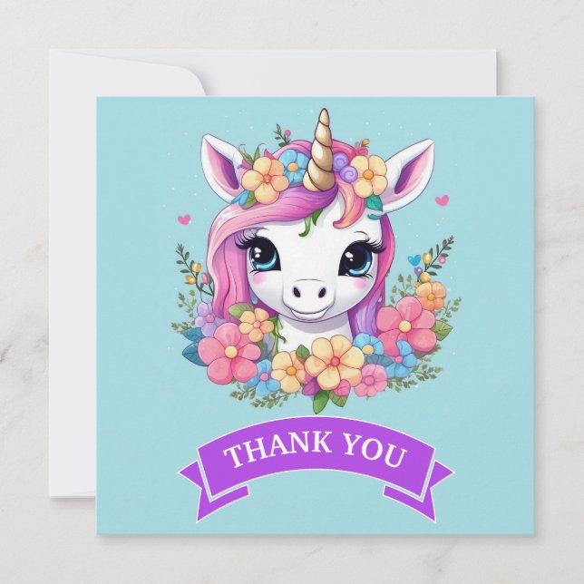 Cartão De Agradecimento Magical Baby Unicorn with Flowers (Frente)