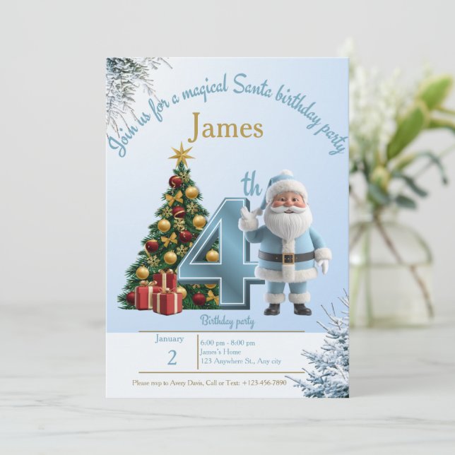 Cartão De Agradecimento Magical Santa Birthday Invitation – 4th Birthday (Em pé/Frente)