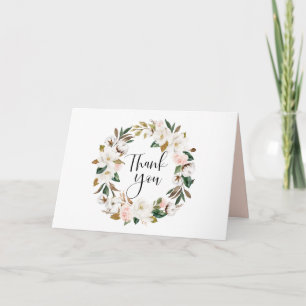 Cartão De Agradecimento Magnólias em Aquarela e Casamento com Coroa de Alg