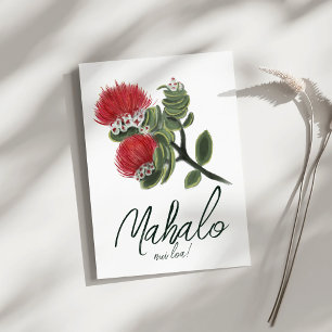 Cartão De Agradecimento Mahalo Hawaiian Vermelha Flor de Lehua Aquarela
