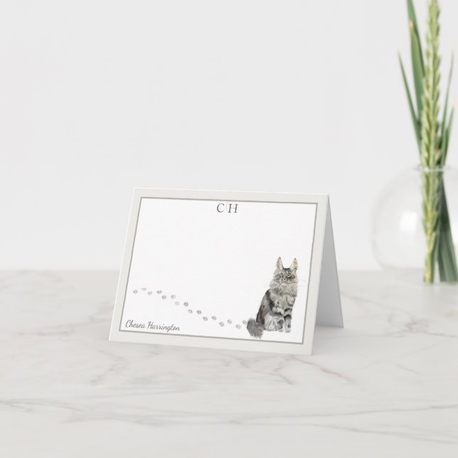 Cartão De Agradecimento Maine Coon Cat Cinza Fronteira Monograma Nome Dobr (Frente)