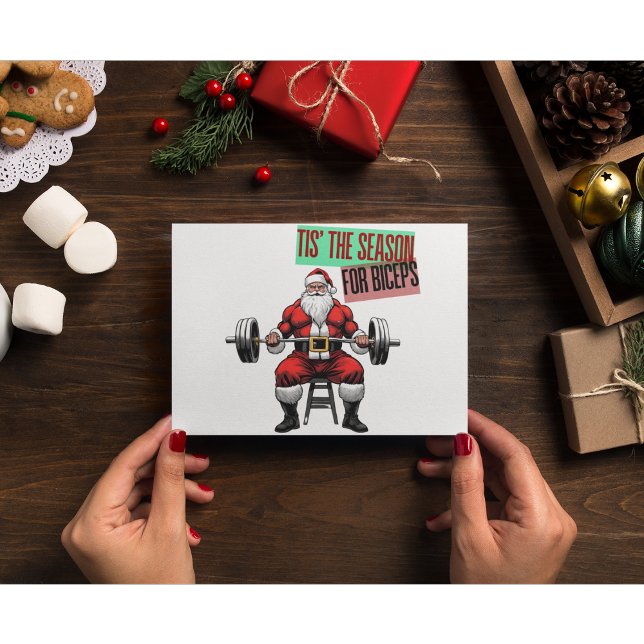 Cartão De Agradecimento Malhação Engraçada Bicep Curls Papais noeis Barbel (Fitness Santa Bicep Curl Christmas Card Quote)