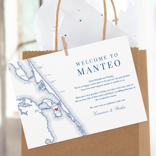 Cartão De Agradecimento Manteo NC Outer Banks Wedding Itinerário (Manteo NC Map Wedding Welcome Letter and Weekend Events Itinerary with elegant navy blue Outer Banks)