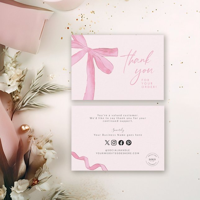 Cartão De Agradecimento Manual de negócios personalizado de arco rosa (Custom Small boutique business coquette blush pink bow thank you for your order card.)