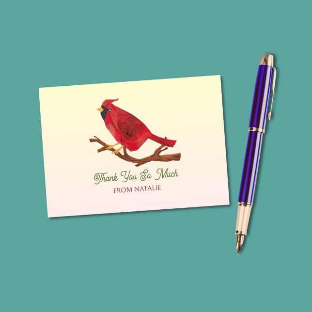 Cartão De Agradecimento Mão Cardeal Vermelha Inspirada no Século médio Ilu (This cardinal thank you card features my original art against a soft peach / cream gradient.)