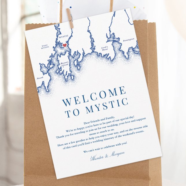 Cartão De Agradecimento Mapa Místico CT Bote Bem-vindo Marinho Itinerário  (Mystic CT Map Wedding Welcome letter and weekend events itinerary for an elegant navy blue wedding)