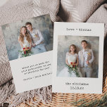 Cartão De Agradecimento Máquina de escrever minimalista | Dois Casamento S<br><div class="desc">Estes cartões de casamento simples e minimalistas agradecem-vos que apresentam duas das vossas fotografias de casamento favoritas, juntamente com os vossos nomes e as palavras "amor obrigados" no texto de aparência da máquina de escrever negra. A parte traseira da placa também oferece espaço para uma mensagem pessoal de obrigados para...</div>