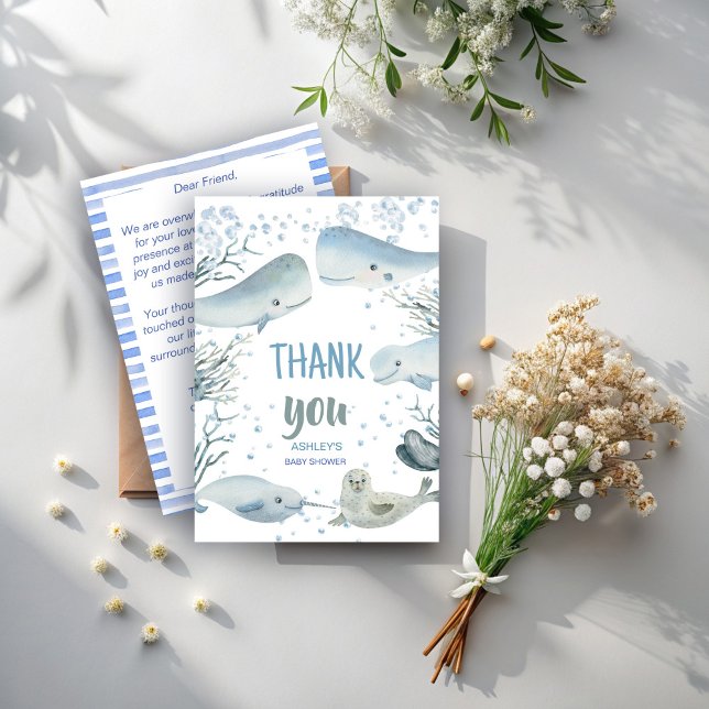Cartão De Agradecimento Mar marítimo e mar chá de fraldas marítimo náutico (Ocean and sea sea marine nautical baby shower thank you cards cute whales seal sea creatures)