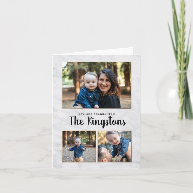 Cartão De Agradecimento Marble e Dourada Colagem de Fotografias Obrigado C (Frente)