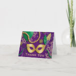 Cartão De Agradecimento Mardi Gras Birthday Thank You Card<br><div class="desc">Festive any age mardi gras mask birthday party thank you cards with a gold mask with faux glitter look green, gold and purple feathers and green ties, balloons, beads, bokeh and ornate patterns in the background. Whether you're celebrating in the french quarters of New Orleans or you are in the...</div>