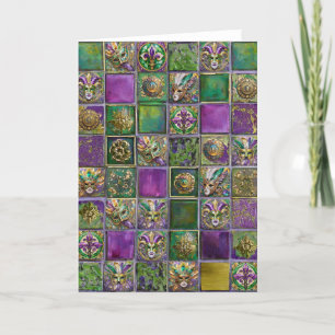 Cartão De Agradecimento Mardi Gras Masks Feathers Fleur de lis Tile Print