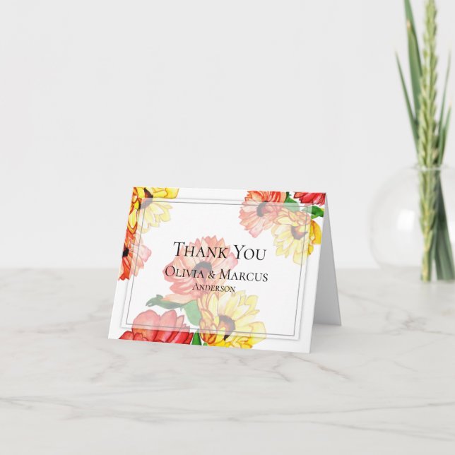 Cartão De Agradecimento Margaridas Vermelhas e Amarelas em Negrito (Frente)