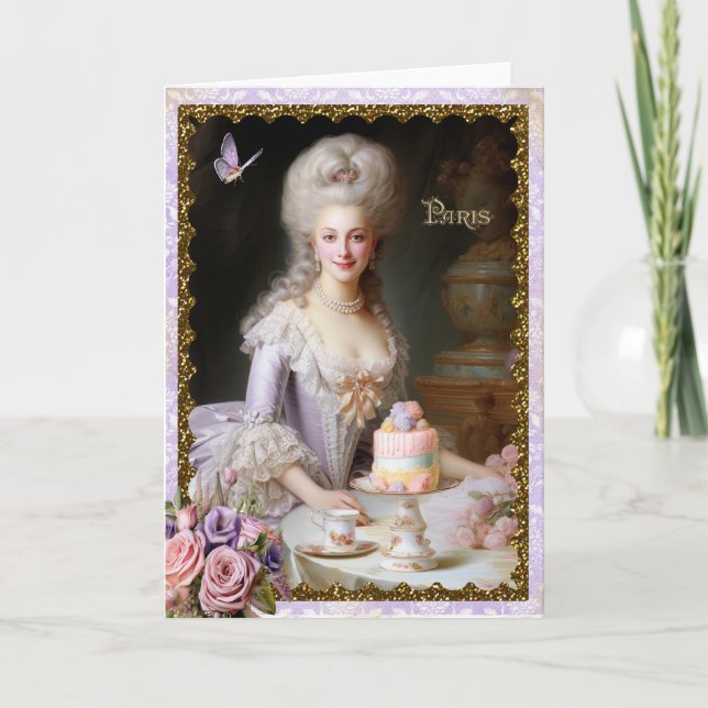 Cartão De Agradecimento Marie Antoinette,French,Paris,tea,cake,roses 招待状 (Frente)