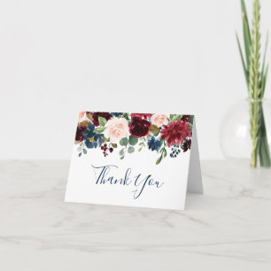 Cartão De Agradecimento Marinho Azul Blush Floral Boho