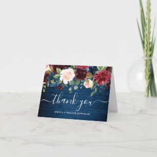 Cartão De Agradecimento Marinho Azul Blush Floral Boho