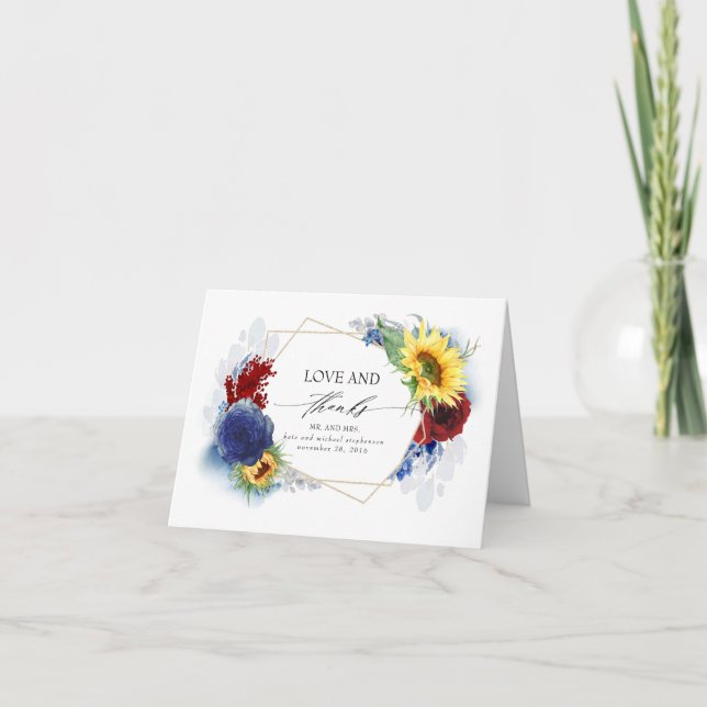 Cartão De Agradecimento Marinho Azul Borgonha Casamento outono Amarelo Obr (Frente)