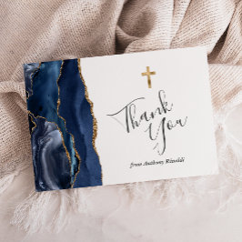 Cartão De Agradecimento Marinho Azul Dourado Agate Primeira Comunhão Obrig