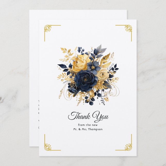 Cartão De Agradecimento Marinho Azul e Dourado Casamento Floral (Frente/Verso)