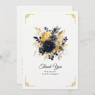 Cartão De Agradecimento Marinho Azul e Dourado Casamento Floral