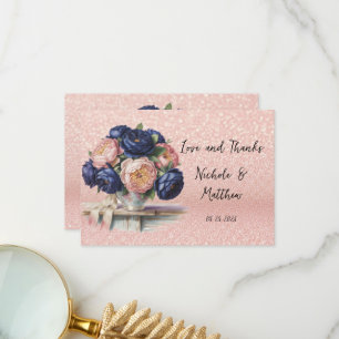 Cartão De Agradecimento Marinho Azul e Rosa Dourado Casamento Floral