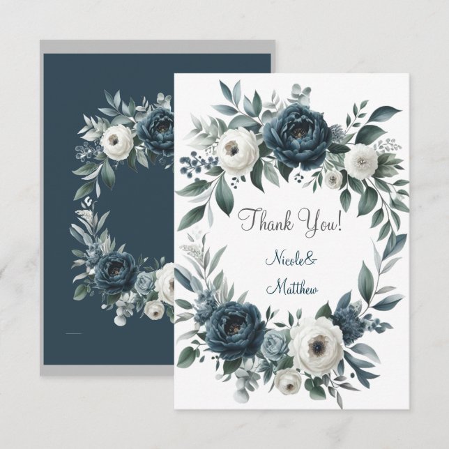 Cartão De Agradecimento Marinho Azul e Silver Ivory Floral Casamento (Frente/Verso)