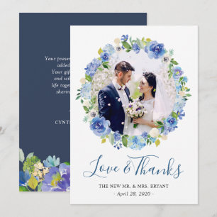 Cartão De Agradecimento Marinho Azul Hydrangea Floral Wreath Foto Obrigado