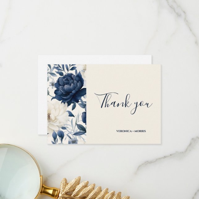 Cartão De Agradecimento marinho azul poeirento casamento floral (Frente/Verso In Situ)