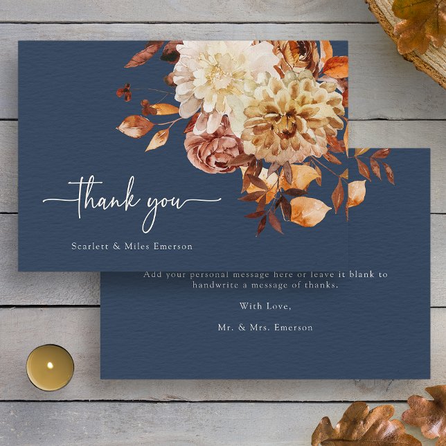 Cartão De Agradecimento Marinho Azul Queda Obrigado (Watercolor Navy Blue Fall Floral Thank You Card by Painted Paperie
)