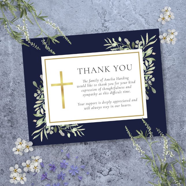 Cartão De Agradecimento Marinho Azul Verde Cristão Funeral (Navy Blue Greenery Christian Funeral Thank You Card)