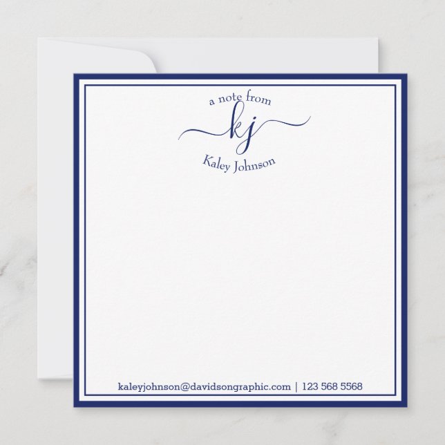 Cartão De Agradecimento Marinho Branco Monograma Da Mesa Da Placa De Nota (Frente)