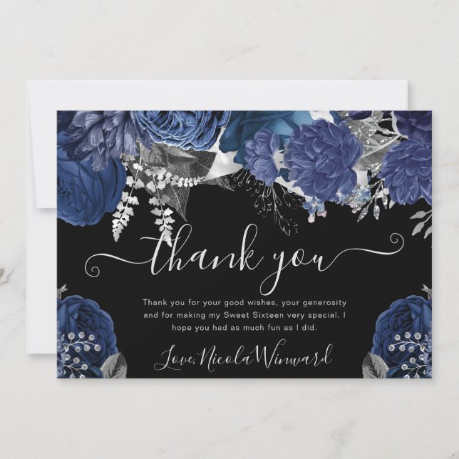 Cartão De Agradecimento Marinho de aquarela e Rosas de prata Sweet 16 (Frente)