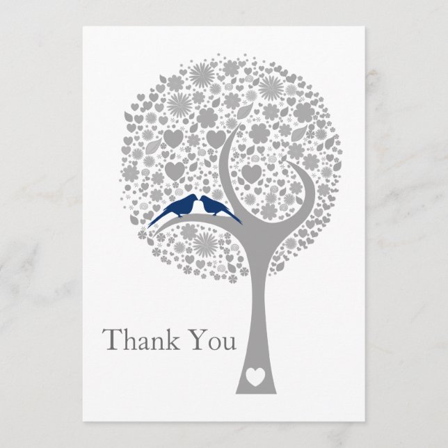 Cartão De Agradecimento marinho de árvore branca, casamento de pássaros az (Frente)