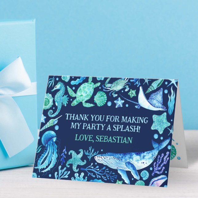 Cartão De Agradecimento Marinho de Baleia Aquarela Sob o Partido do Mar (Watercolor Whale Navy Under the Sea Party Thank You Card)