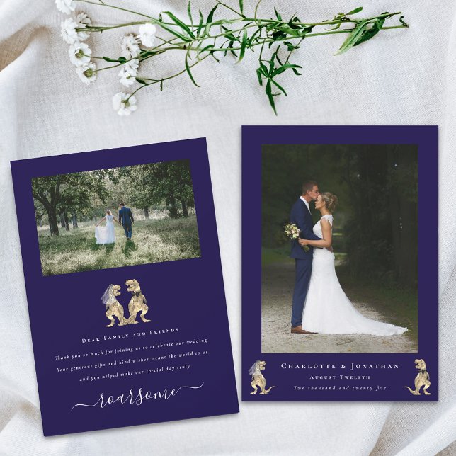 Cartão De Agradecimento Marinho de Casamento do Tema Dinossauro Moderno 2  (Dinosaur theme wedding photo thank you navy blue flat card T-Rex dino bride and groom elegant script)