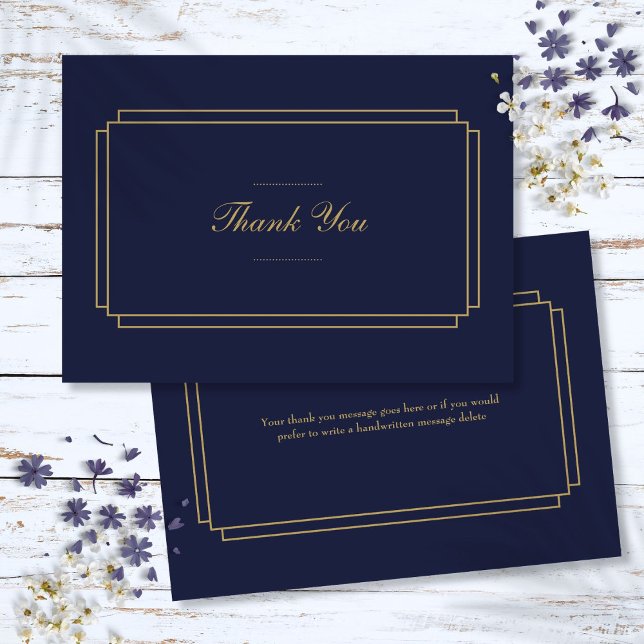 Cartão De Agradecimento Marinho de Deco Clássico Elegante Azul e Dourado (Elegant Classic Art Deco Navy Blue and Gold Thank You Card)