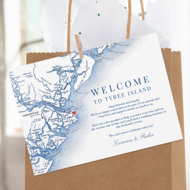 Cartão De Agradecimento Marinho de Tybee Island - Boas-vindas Itinerário (Elegant Tybee Island Georgia Wedding Weekend Itinerary Card and Welcome letter with navy blue map)