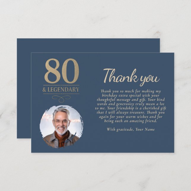 Cartão De Agradecimento Marinho Elegante Azul 80 e Legendário Foto de Aniv (Frente/Verso)