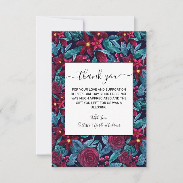 Cartão De Agradecimento Marinho Elegante Borgonha de Natal Floral (Frente)