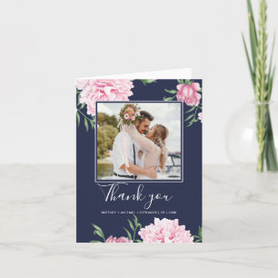 Cartão De Agradecimento Marinho Elegante De Foto Botânica De Peonia Rosa F